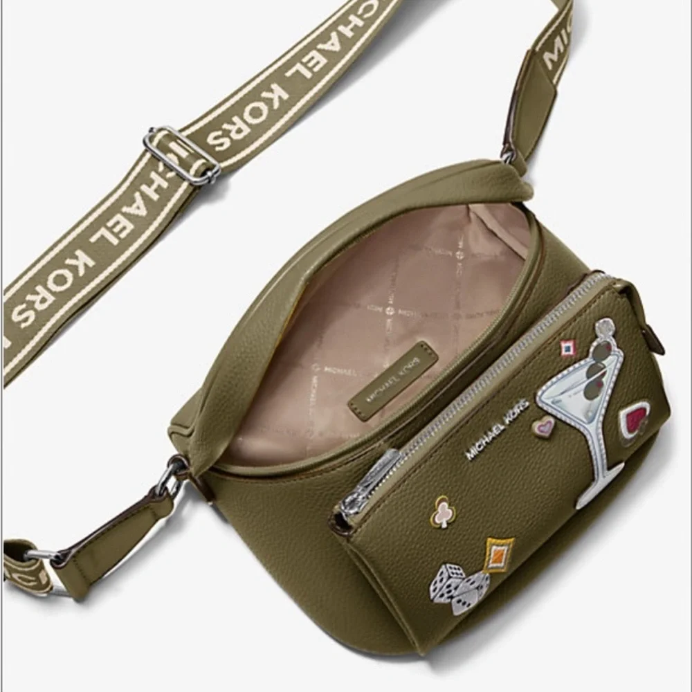 Michael Kors Olive Green Funny Pack Belt Crossbody Bag with Fun Patches